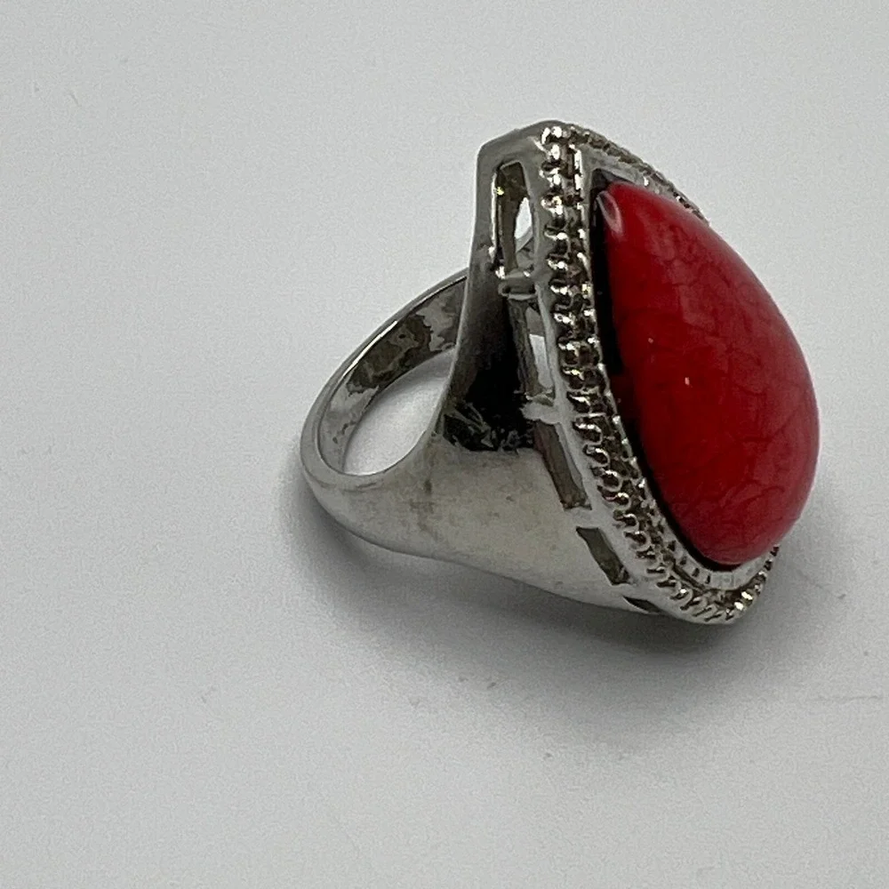 Large Womens Fashion Ring Statement Teardrop Silver Tone Orange Pink Glass Stone